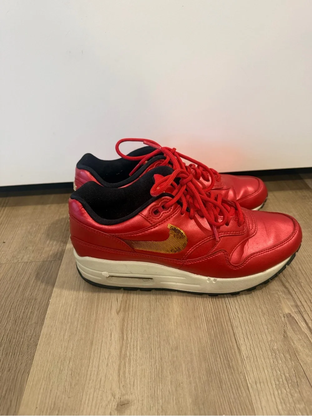 Nike Air Max 1 Gold Sequin Red Sneakers with Gold Swoosh women’s Size 6.5